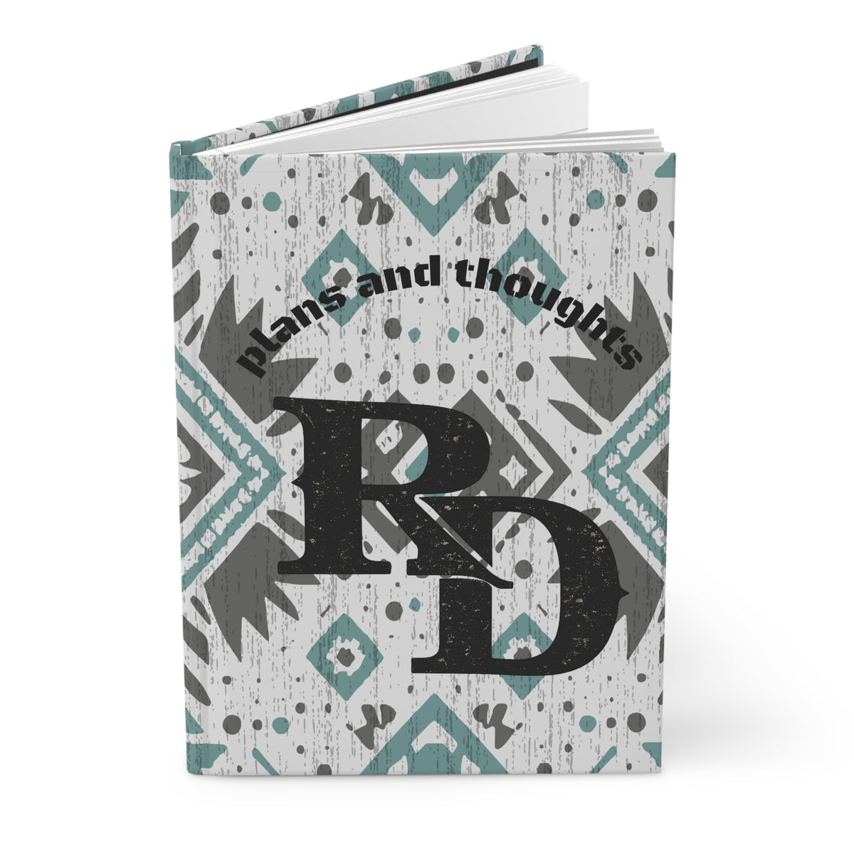 Hardcover Journal — 'Plans and Thoughts' Monogram Notebook with Teal Aztec Pattern