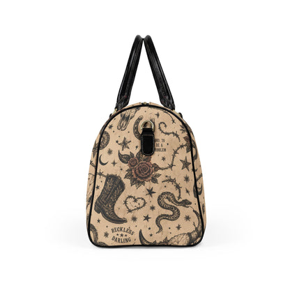 Golden Hour Travel Bag – Tattoo-Style Cowboy Boot & Snake Weekender