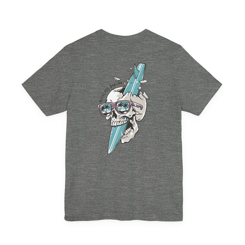 Skull Sunglasses Surfboard Tee — Retro Beach Skull Graphic T‑Shirt