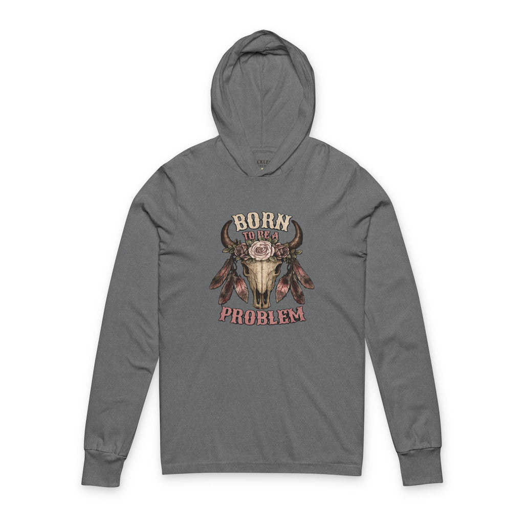 Born to be a Problem Long-Sleeve Hooded Tee — Western Skull & Feather Graphic