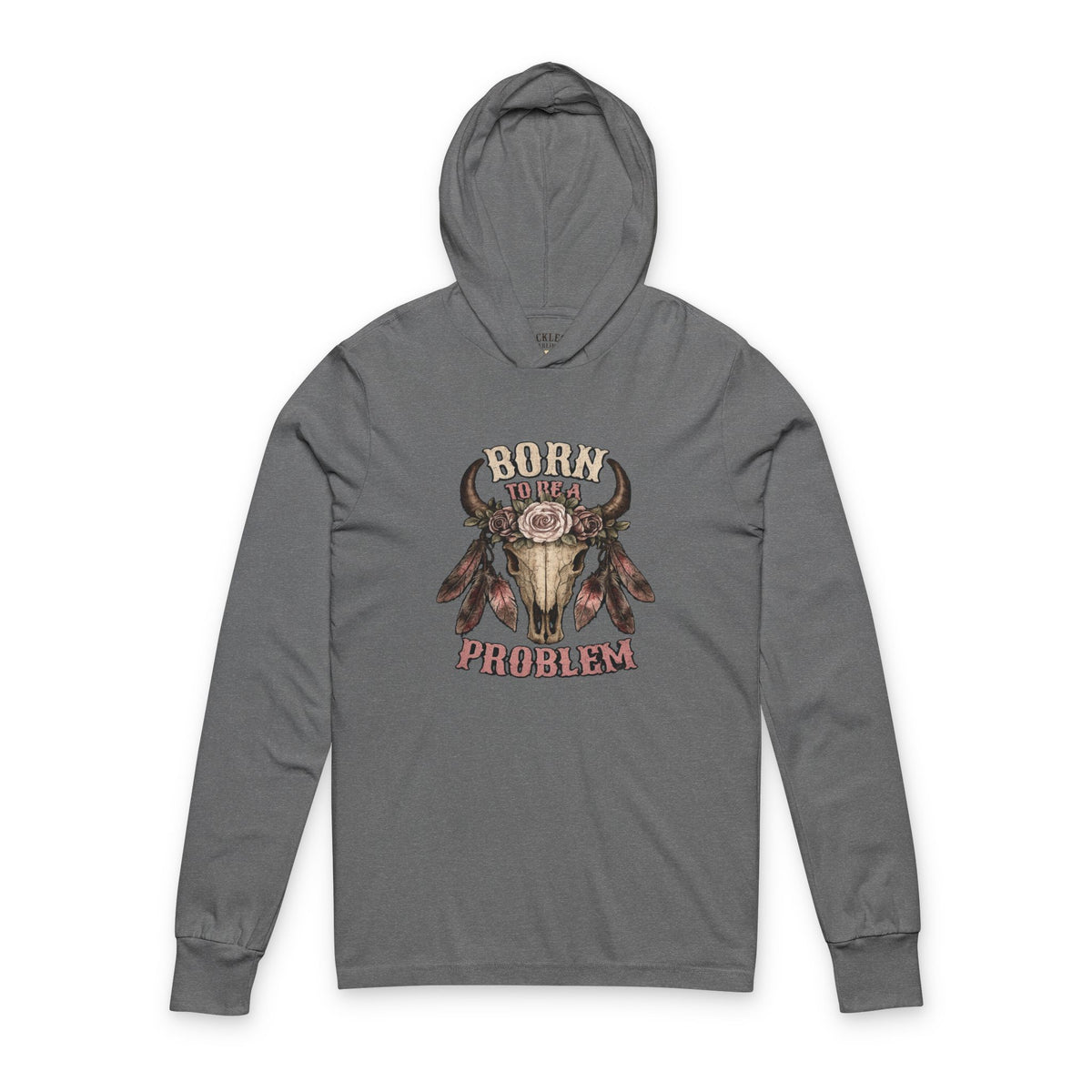 Born to be a Problem Long-Sleeve Hooded Tee — Western Skull & Feather Graphic