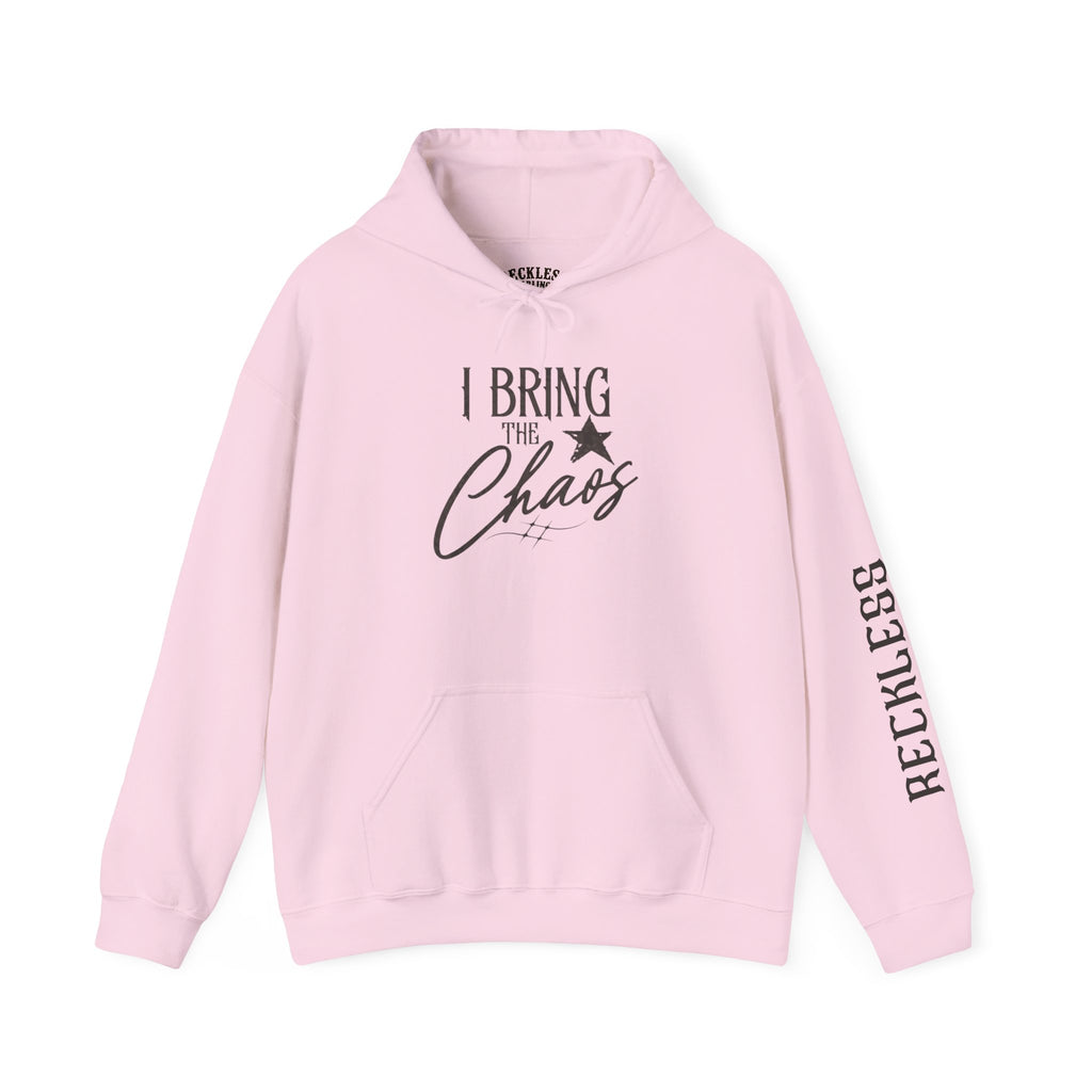 Chaos Hoodie - "I Bring The Chaos" Graphic Hooded Sweatshirt with Sleeve Text
