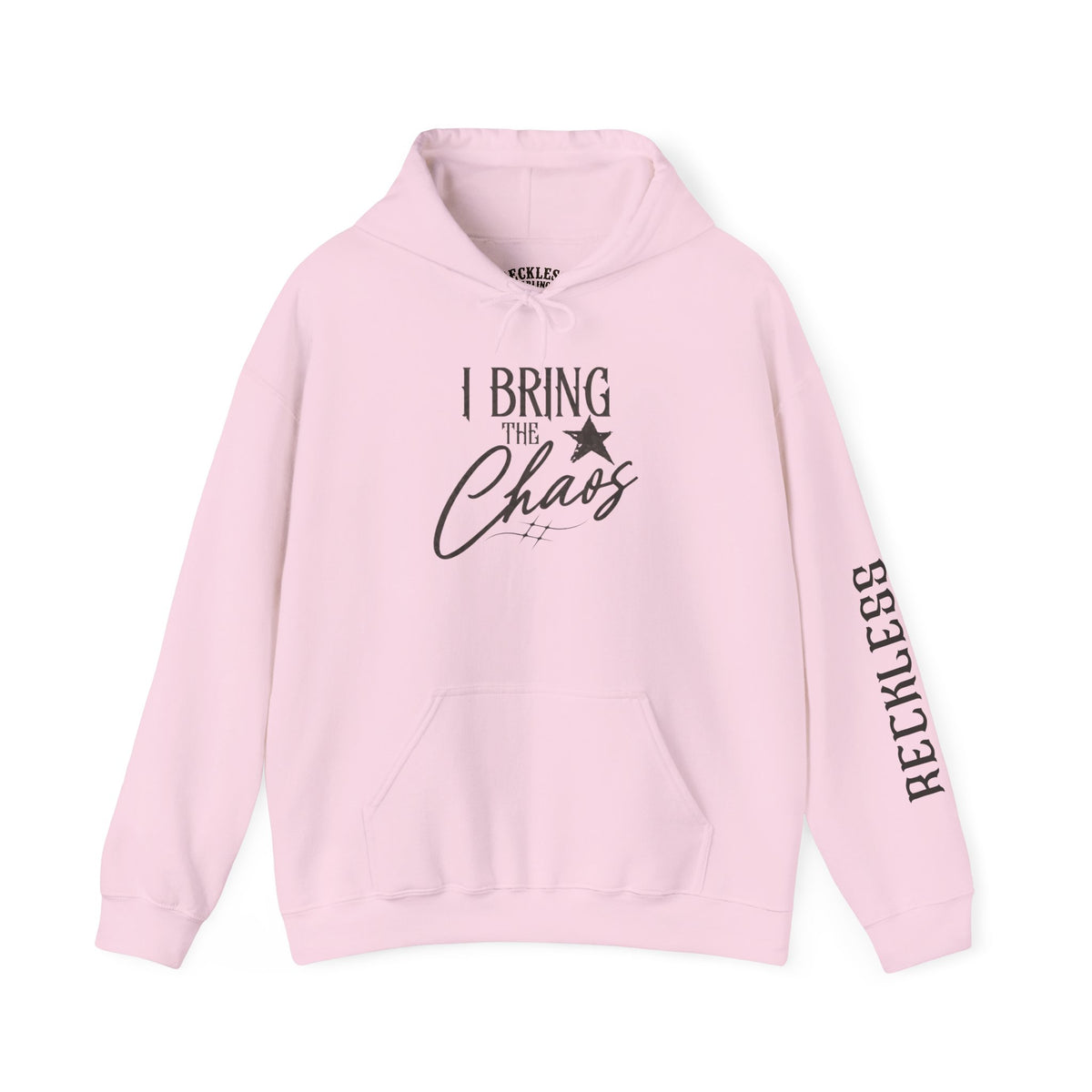Chaos Hoodie - "I Bring The Chaos" Graphic Hooded Sweatshirt with Sleeve Text