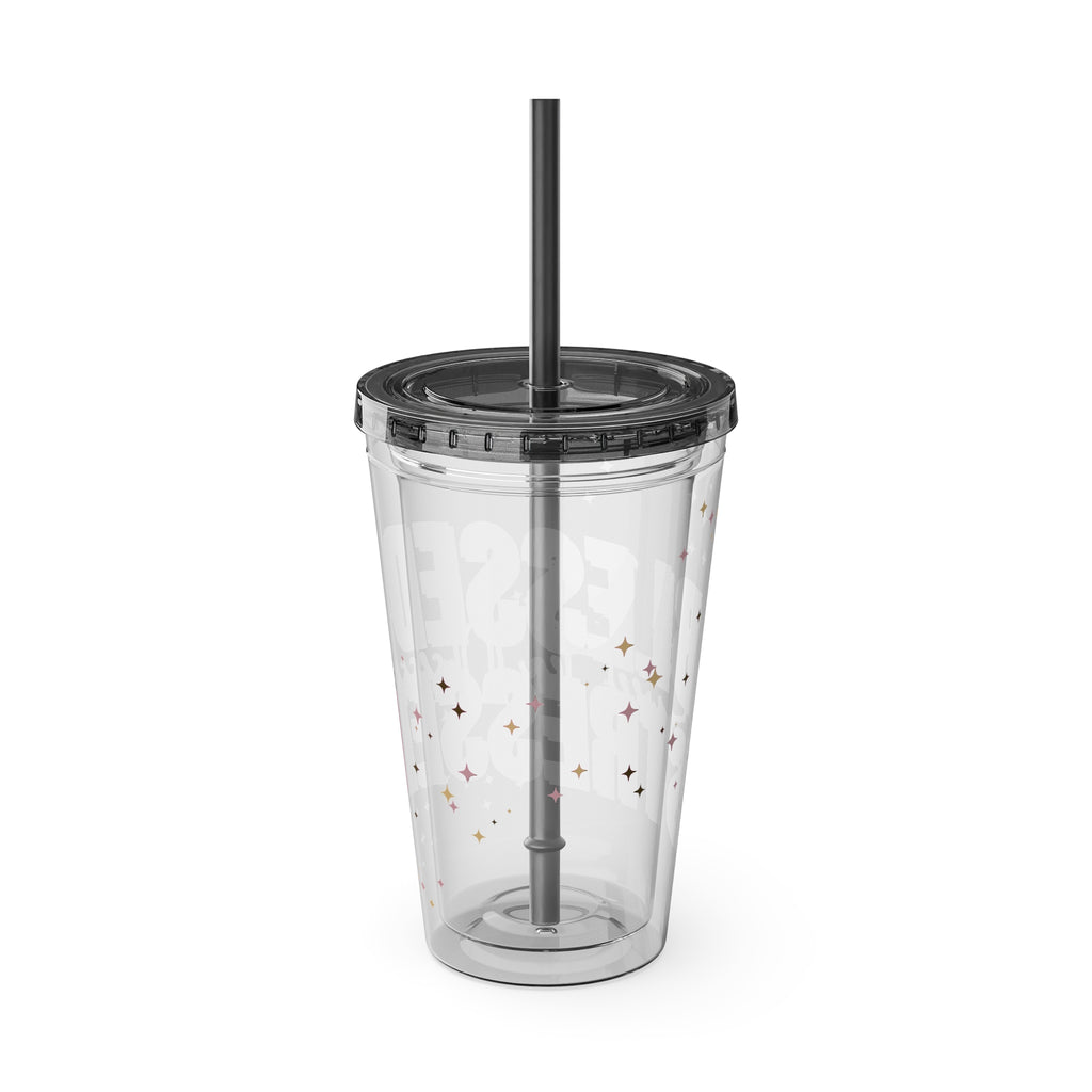Blessed & Stressed 16oz Tumbler with Straw – Clear Pink Script, Motivational Travel Cup