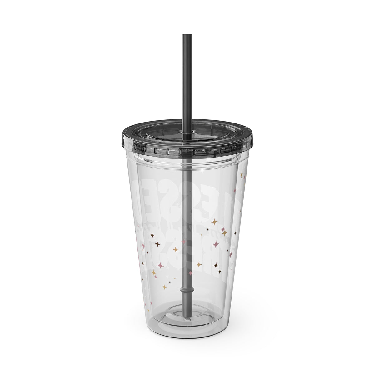 Blessed & Stressed 16oz Tumbler with Straw – Clear Pink Script, Motivational Travel Cup