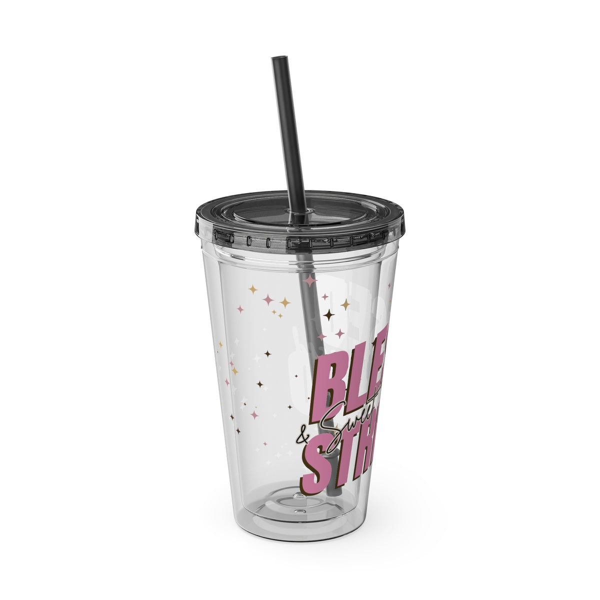 Blessed & Stressed 16oz Tumbler with Straw – Clear Pink Script, Motivational Travel Cup