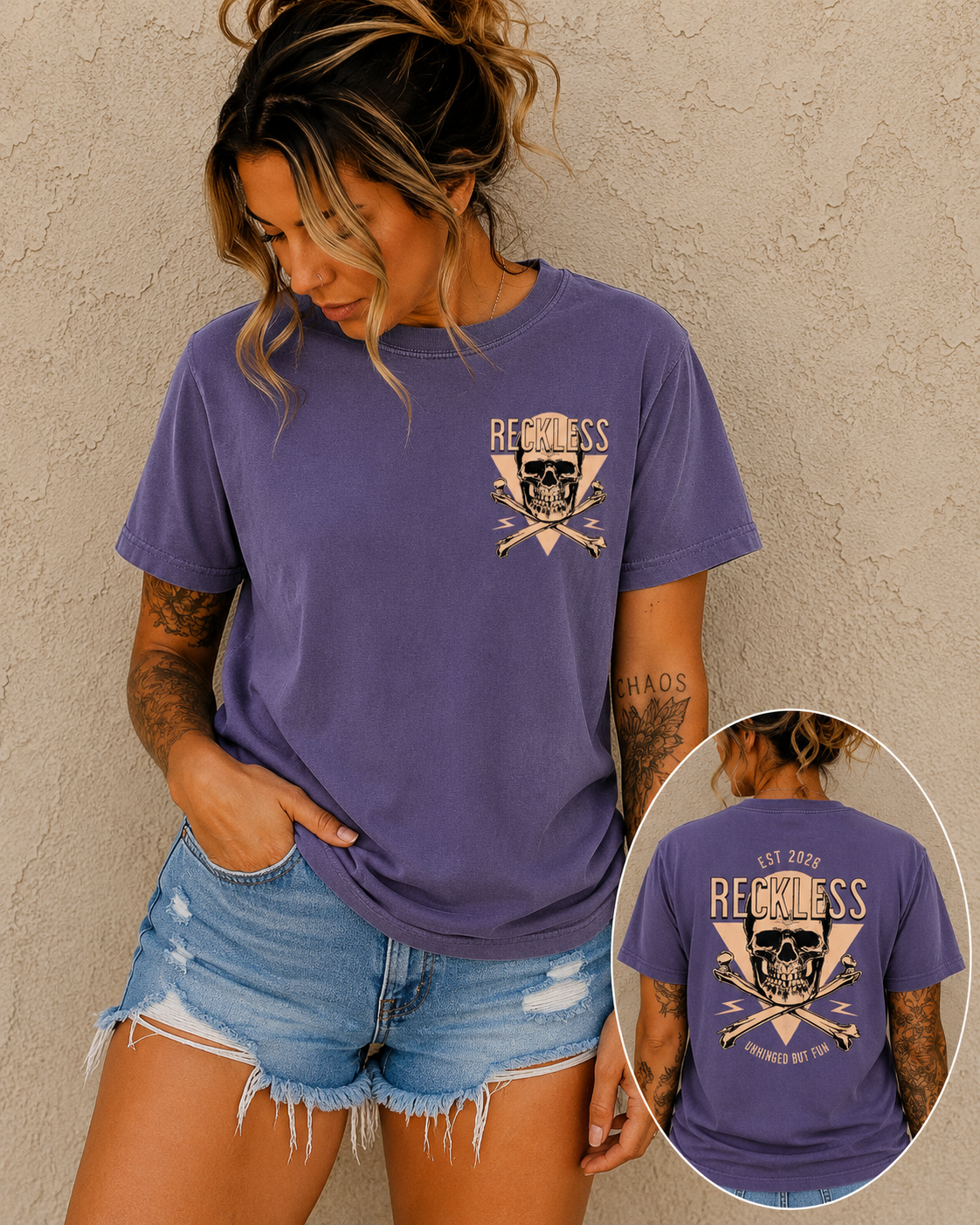 Reckless Skull Graphic T-Shirt — Vintage Skull & Crossed Lightning Tee