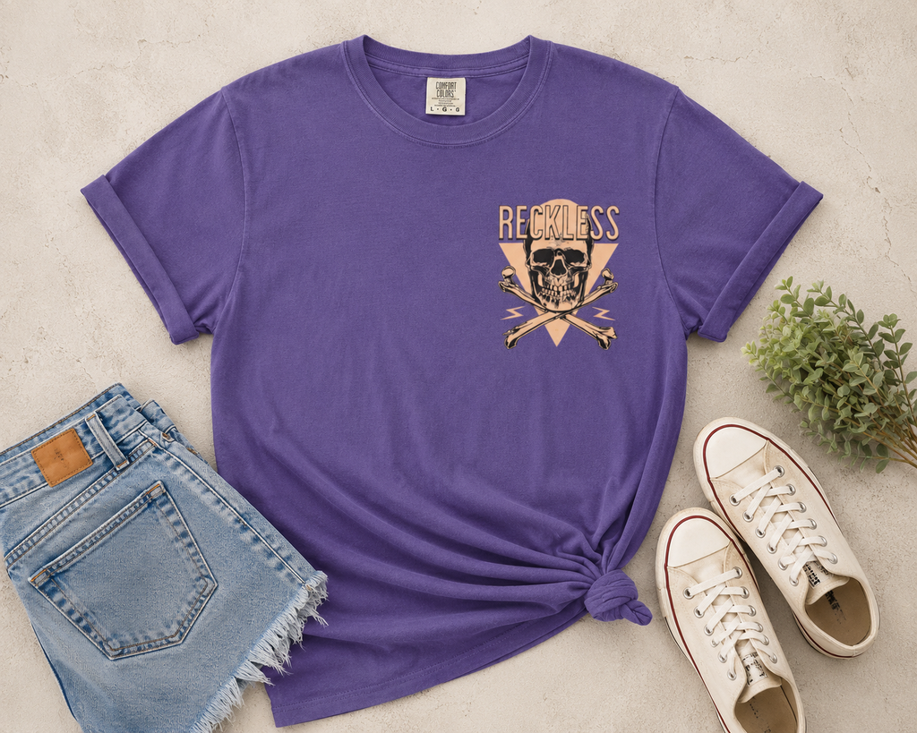 Reckless Skull Graphic T-Shirt — Vintage Skull & Crossed Lightning Tee