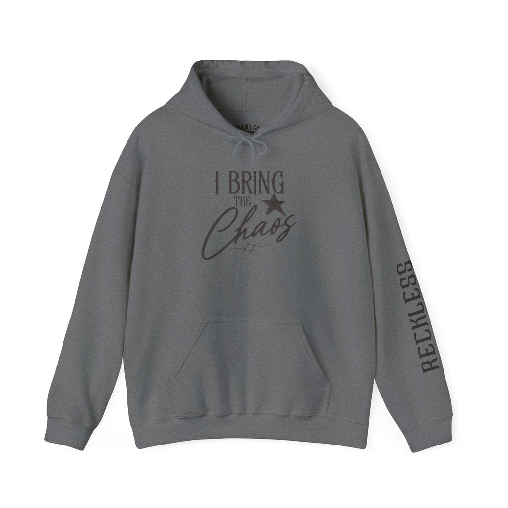 Chaos Hoodie - "I Bring The Chaos" Graphic Hooded Sweatshirt with Sleeve Text