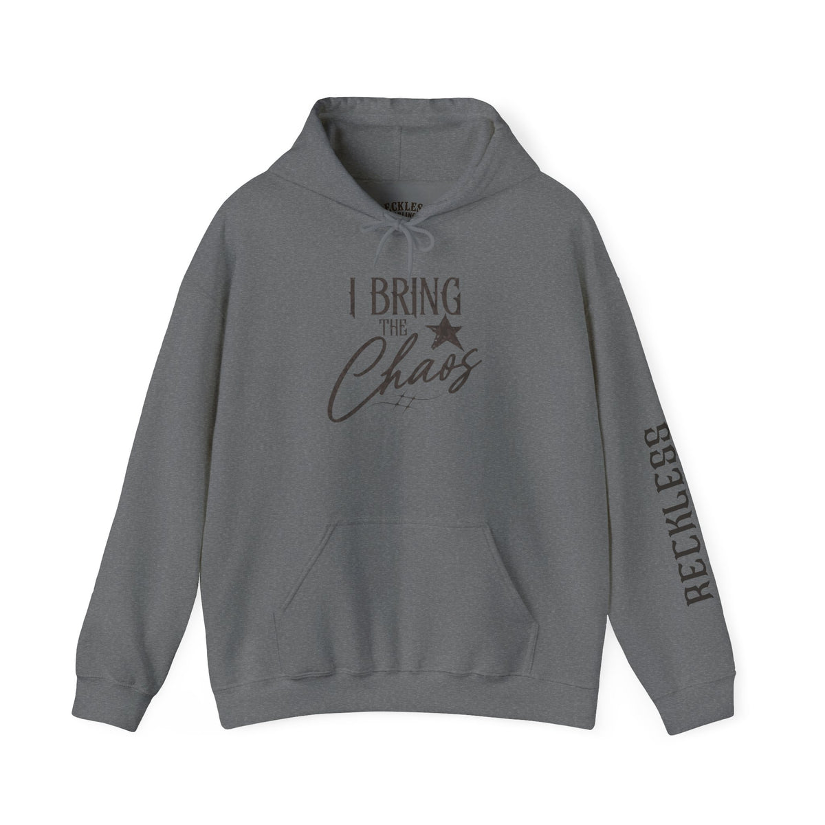 Chaos Hoodie - "I Bring The Chaos" Graphic Hooded Sweatshirt with Sleeve Text