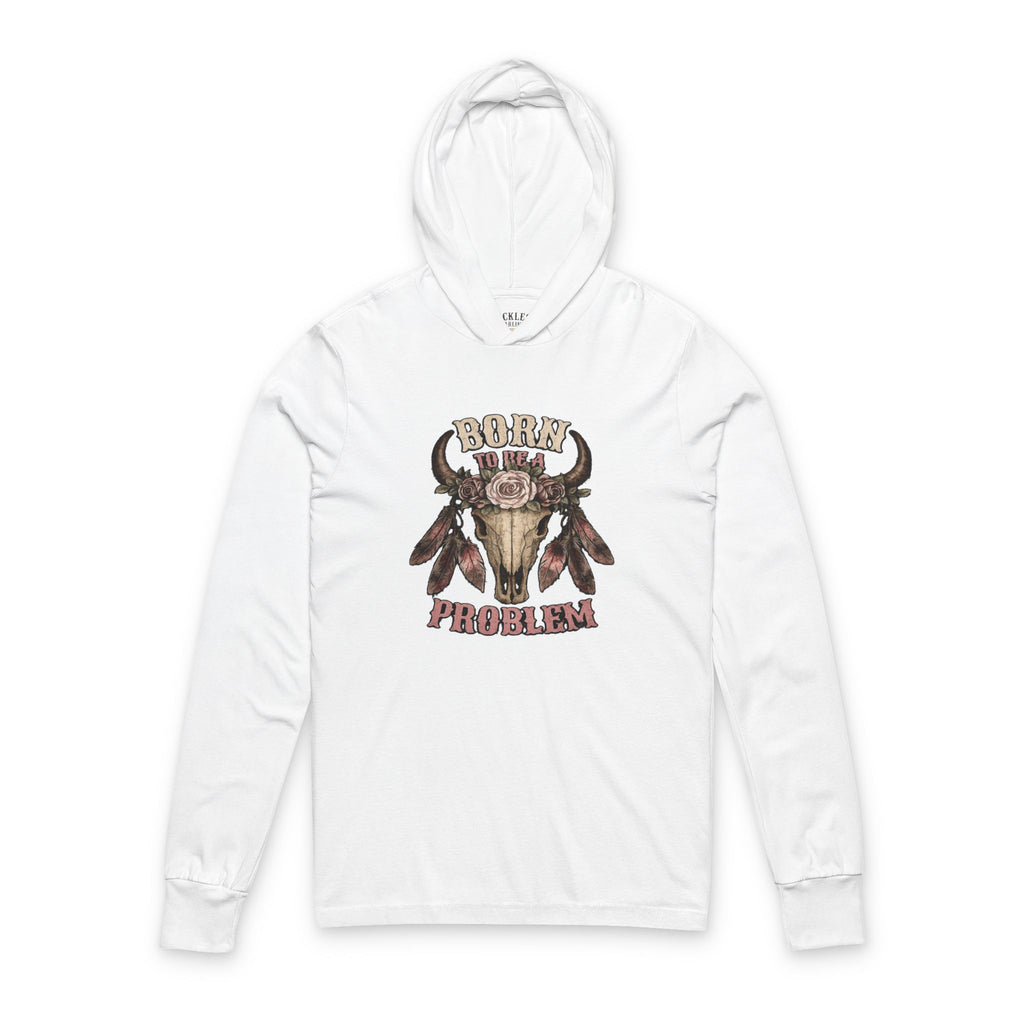 Born to be a Problem Long-Sleeve Hooded Tee — Western Skull & Feather Graphic