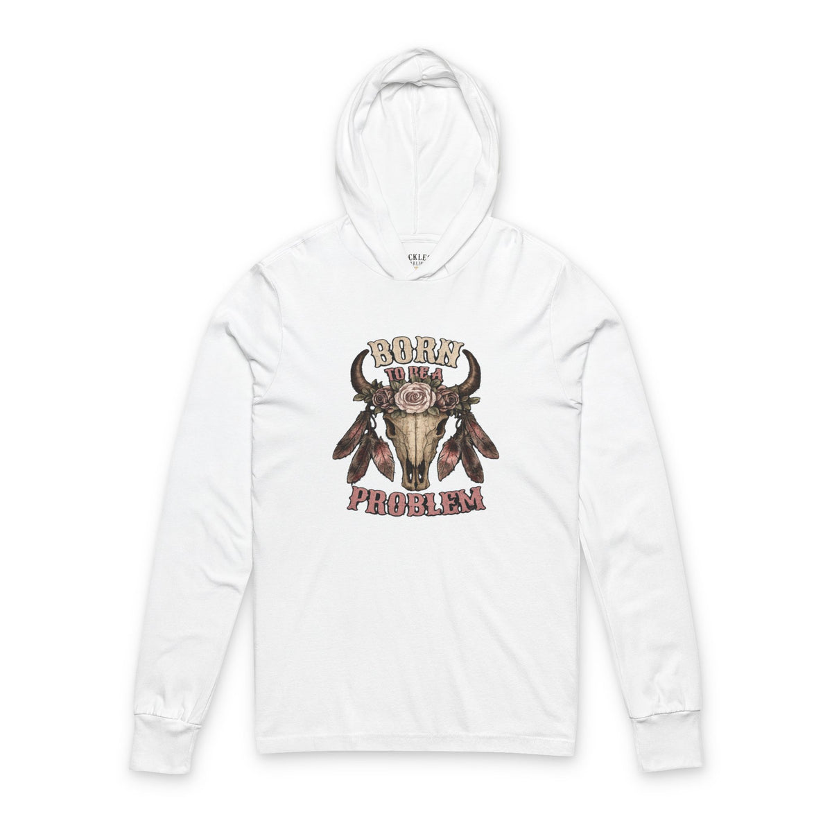 Born to be a Problem Long-Sleeve Hooded Tee — Western Skull & Feather Graphic