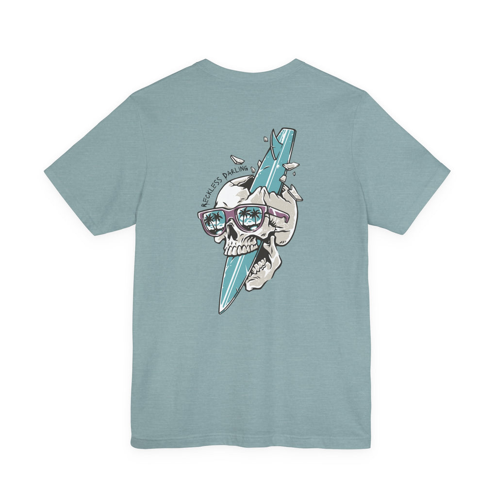 Skull Sunglasses Surfboard Tee — Retro Beach Skull Graphic T‑Shirt