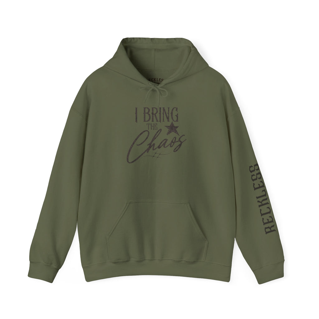 Chaos Hoodie - "I Bring The Chaos" Graphic Hooded Sweatshirt with Sleeve Text