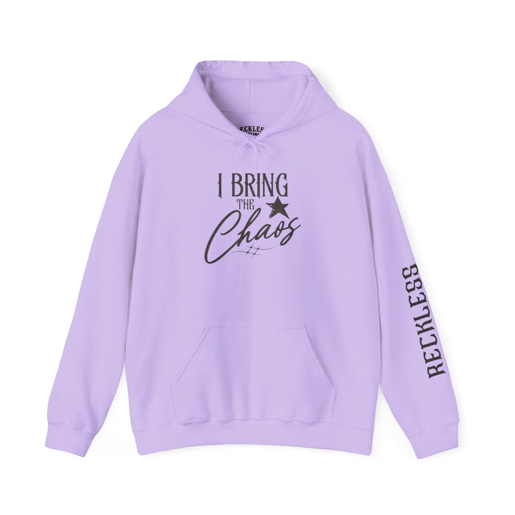 Chaos Hoodie - "I Bring The Chaos" Graphic Hooded Sweatshirt with Sleeve Text