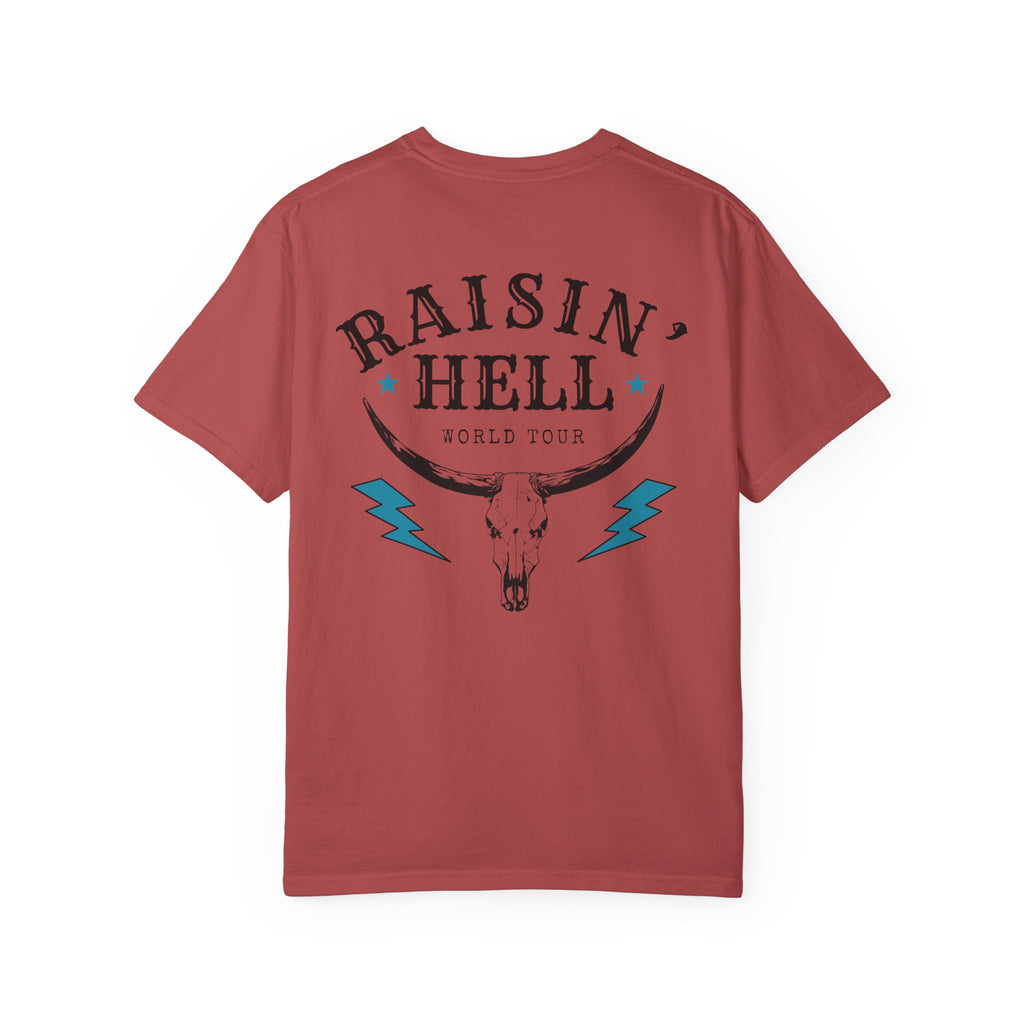 Raisin' Hell Skull Tee — Vintage Western Bull Skull T-Shirt (Front/Back)