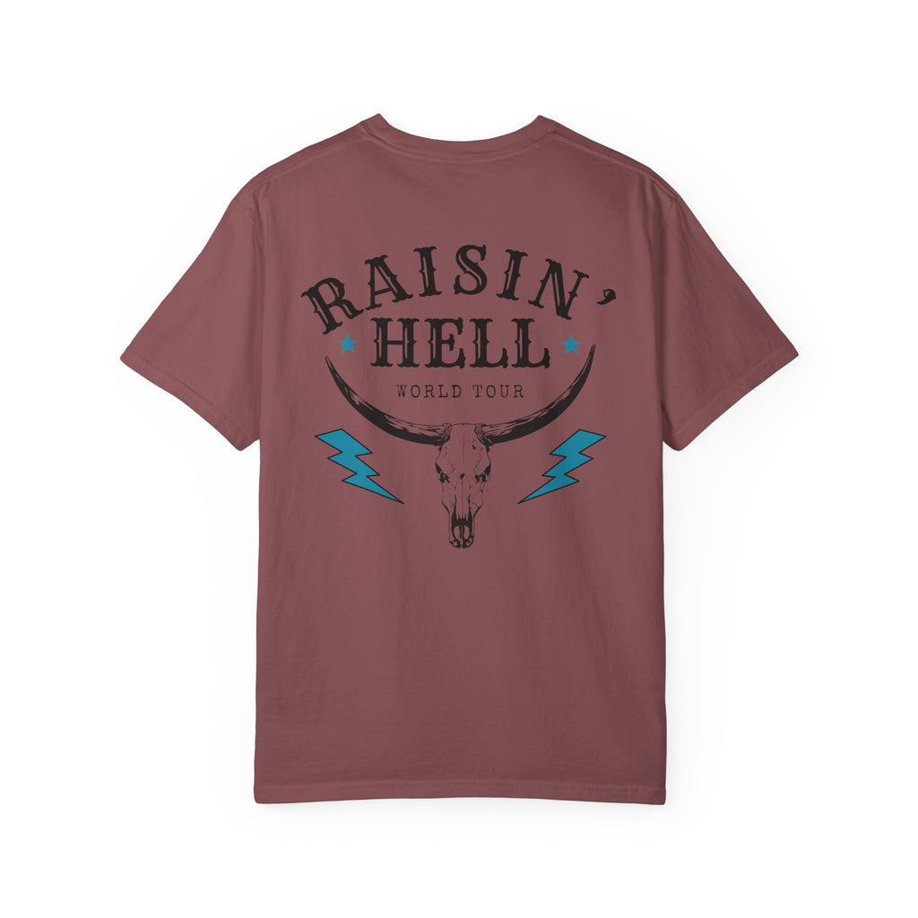 Raisin' Hell Skull Tee — Vintage Western Bull Skull T-Shirt (Front/Back)