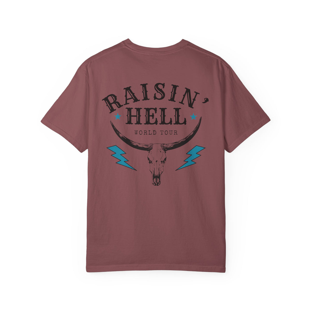 Raisin' Hell Skull Tee — Vintage Western Bull Skull T-Shirt (Front/Back)