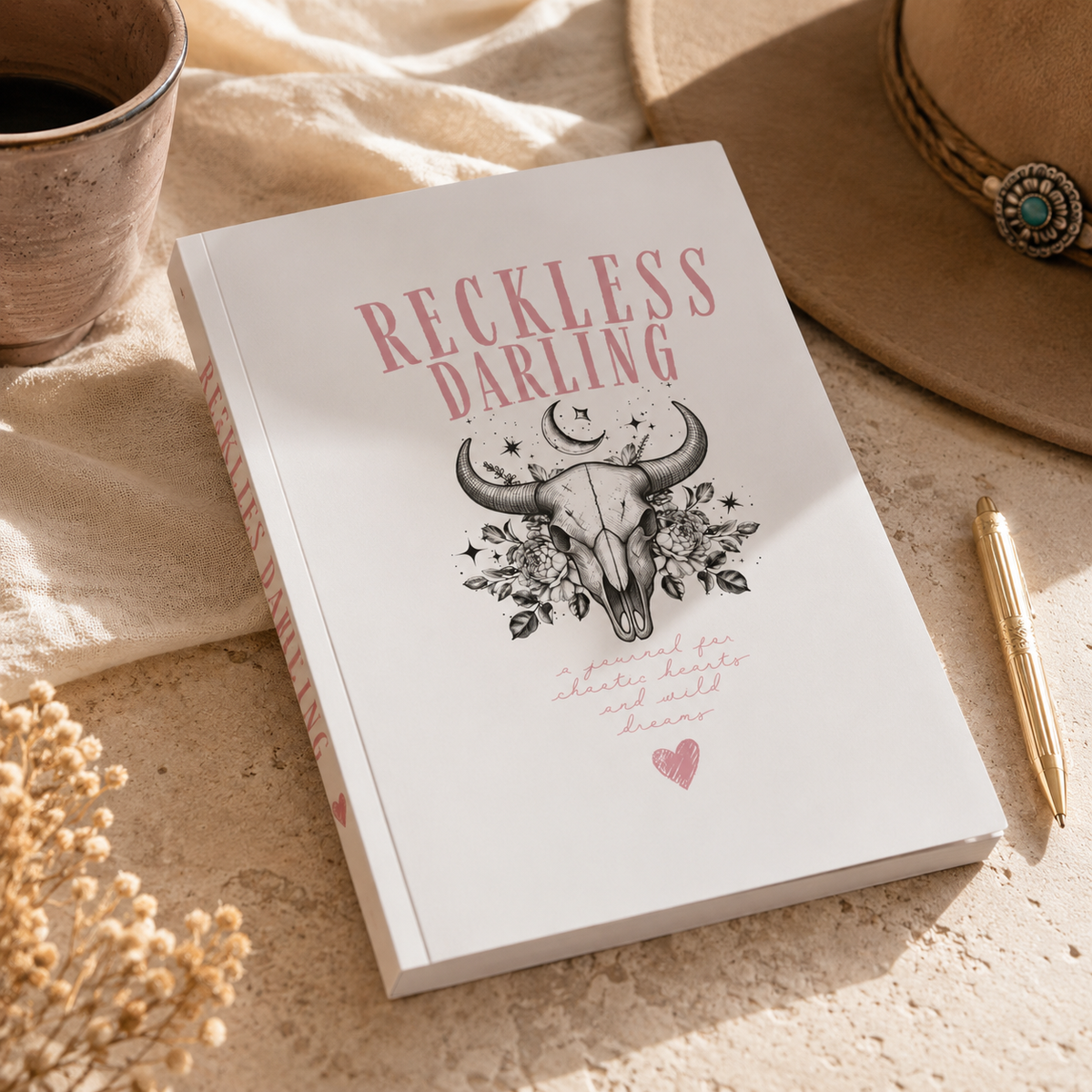 Reckless Darling Softcover Journal — Floral Bull Skull & Moon Lined Notebook
