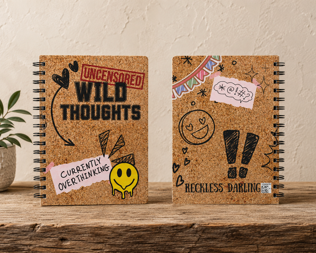 Cork-Cover Spiral Journal — "Uncensored Wild Thoughts" Overthinking Notebook