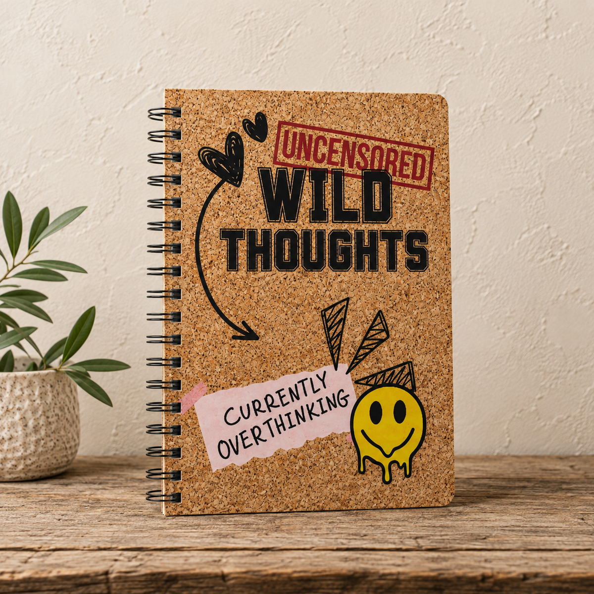 Cork-Cover Spiral Journal — "Uncensored Wild Thoughts" Overthinking Notebook