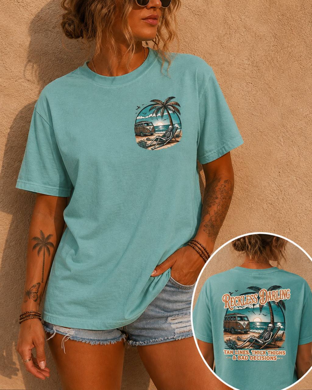 Graphic T-Shirt — "Reckless Darling: Tan Lines, Thick Thighs & Bad Decisions" Beach Van Design