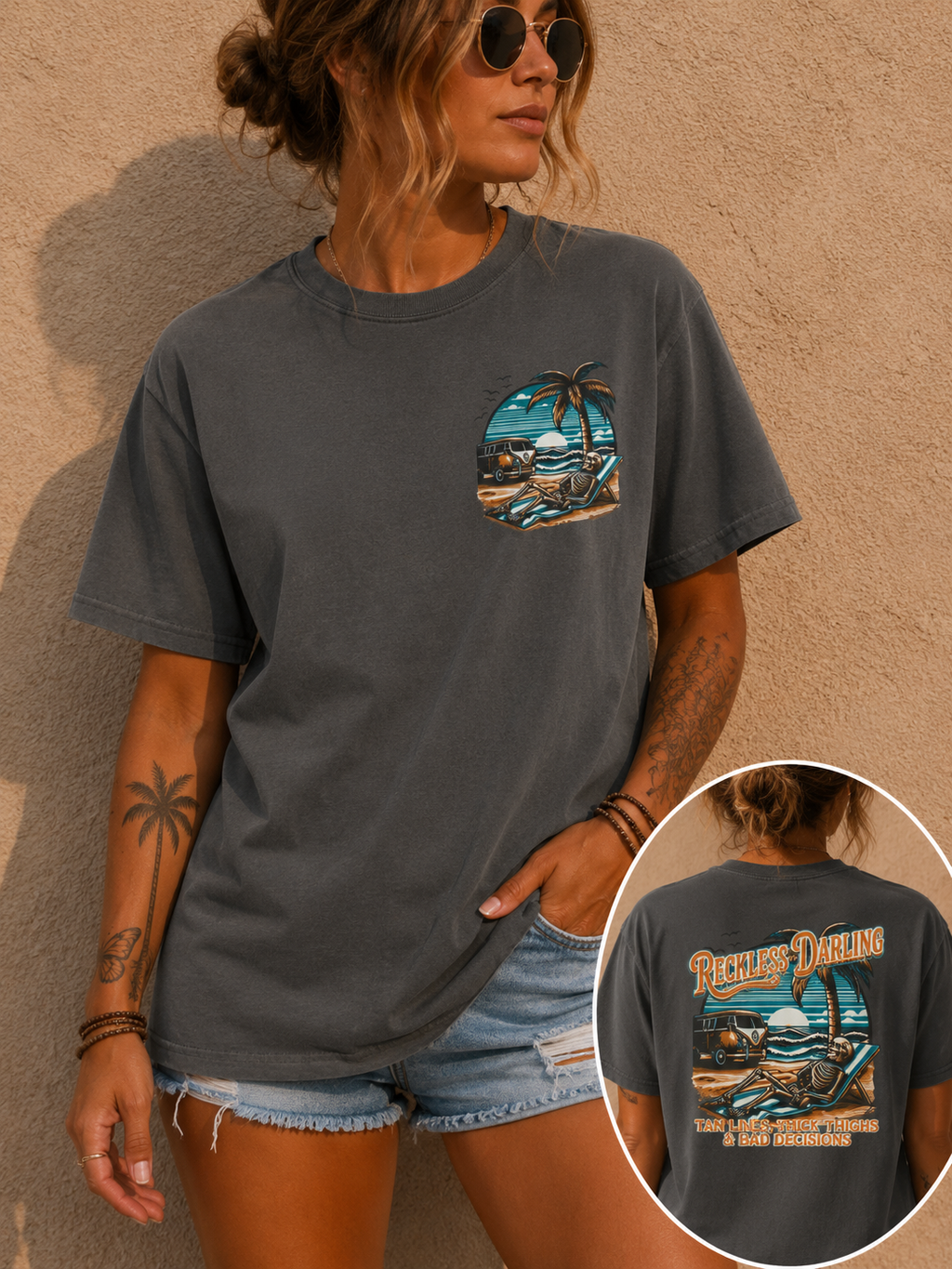 Graphic T-Shirt — "Reckless Darling: Tan Lines, Thick Thighs & Bad Decisions" Beach Van Design