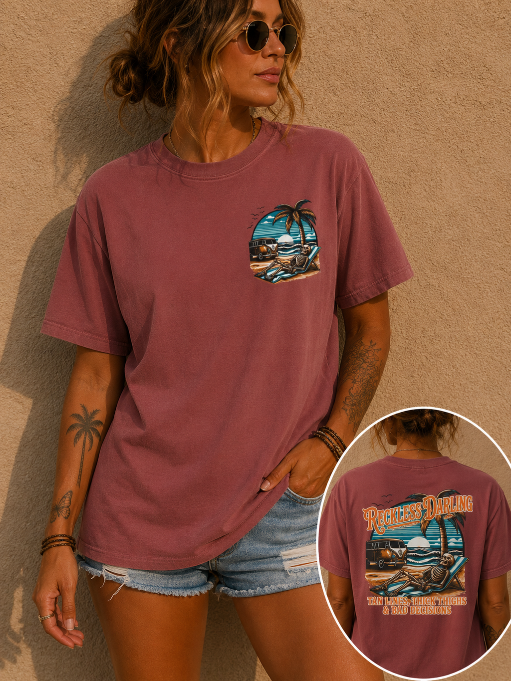 Graphic T-Shirt — "Reckless Darling: Tan Lines, Thick Thighs & Bad Decisions" Beach Van Design
