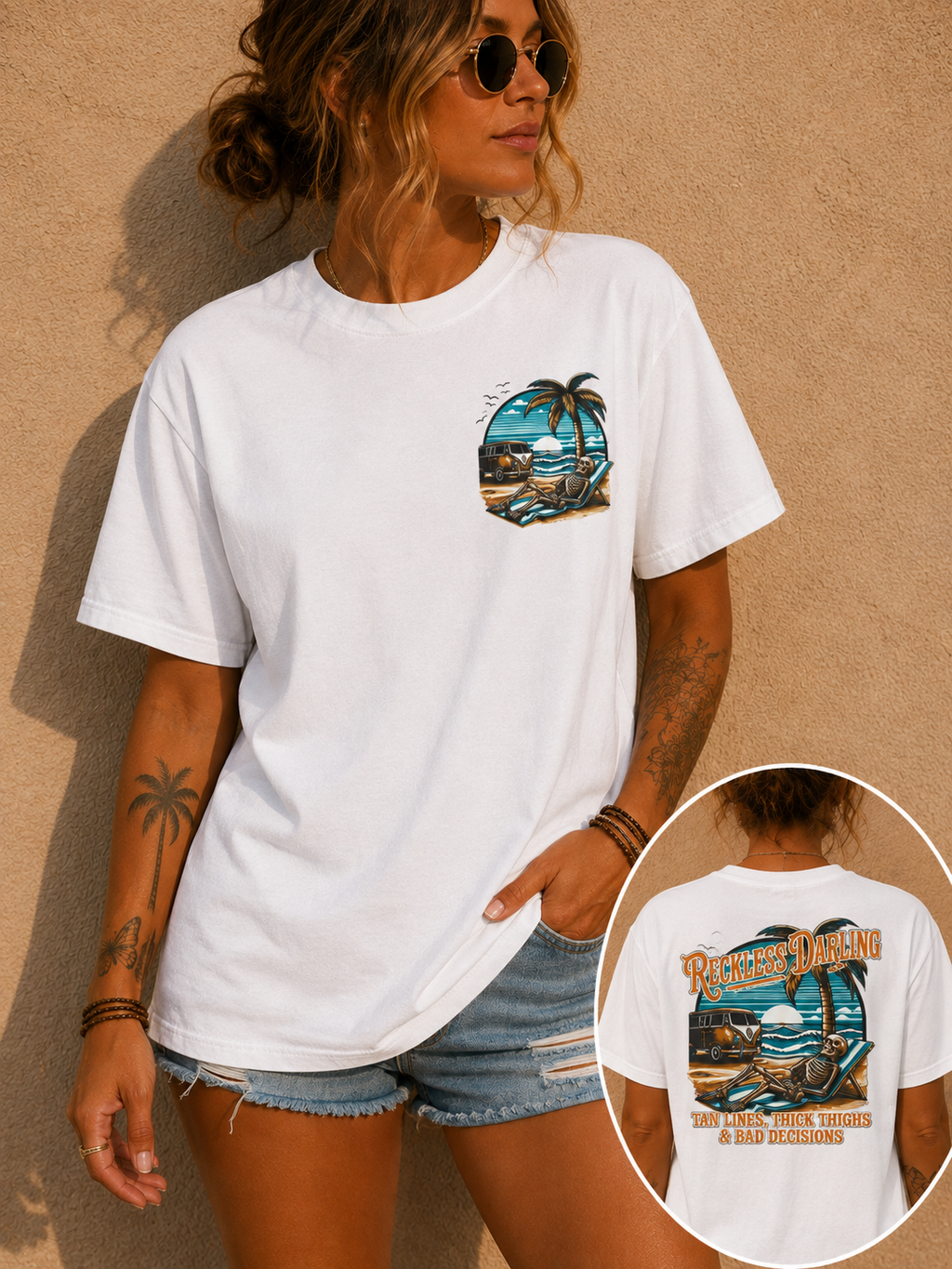 Graphic T-Shirt — "Reckless Darling: Tan Lines, Thick Thighs & Bad Decisions" Beach Van Design