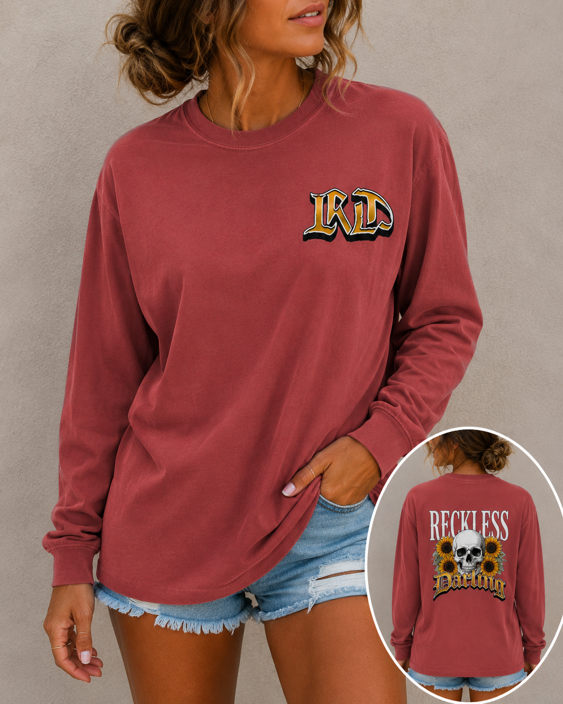 Reckless Darling Long Sleeve Shirt — Skull & Sunflower Graphic
