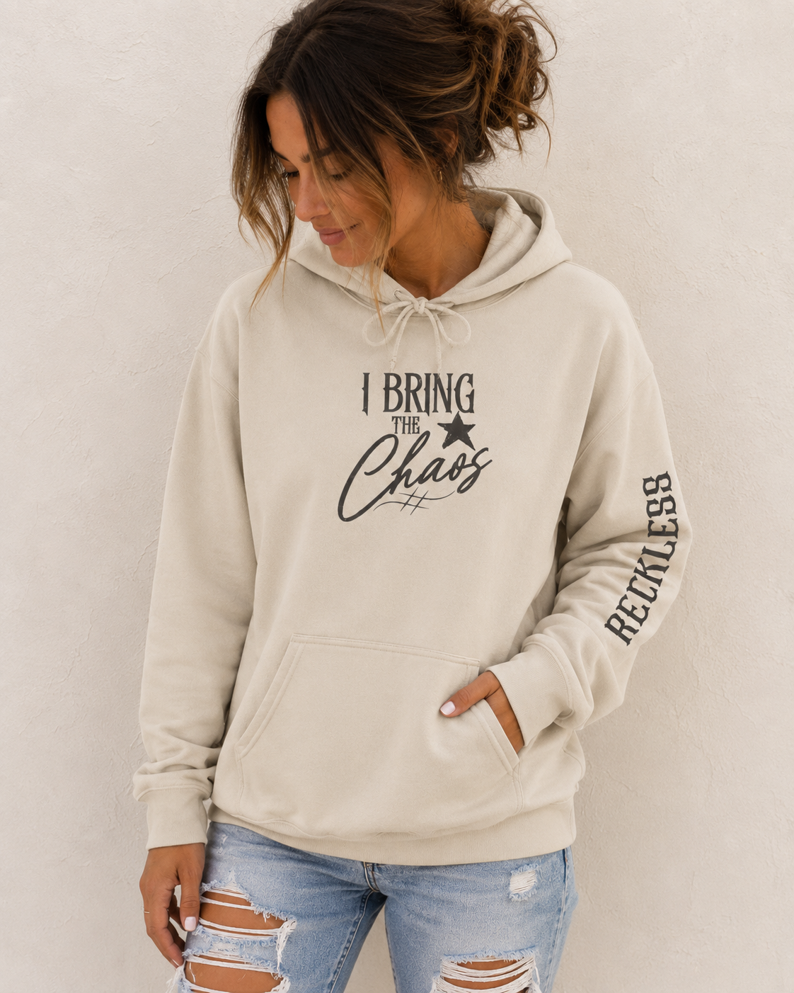 Chaos Hoodie - "I Bring The Chaos" Graphic Hooded Sweatshirt with Sleeve Text