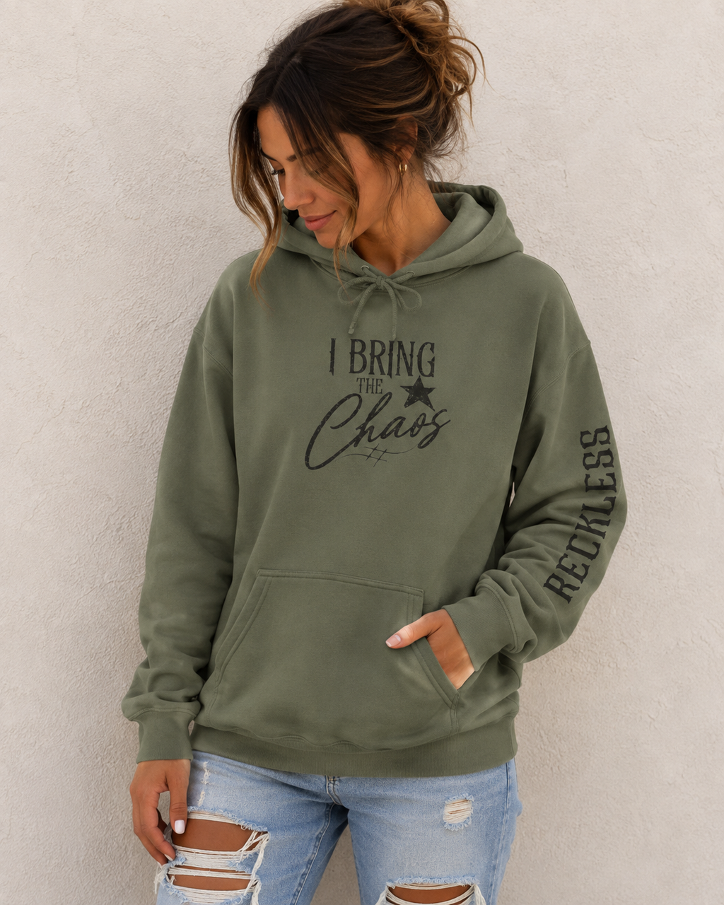 Chaos Hoodie - "I Bring The Chaos" Graphic Hooded Sweatshirt with Sleeve Text