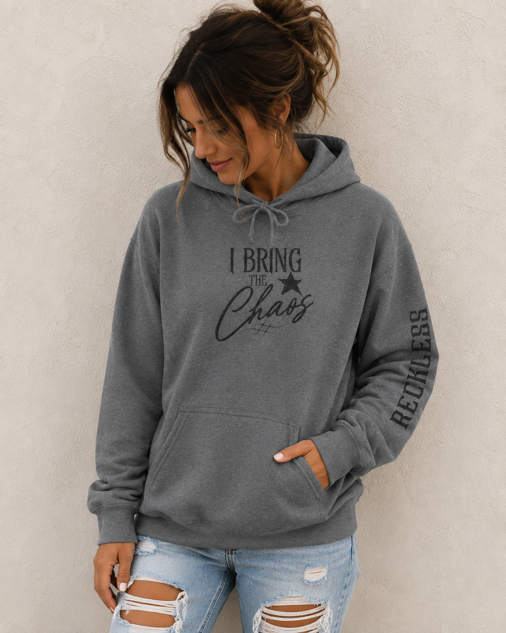 Chaos Hoodie - "I Bring The Chaos" Graphic Hooded Sweatshirt with Sleeve Text