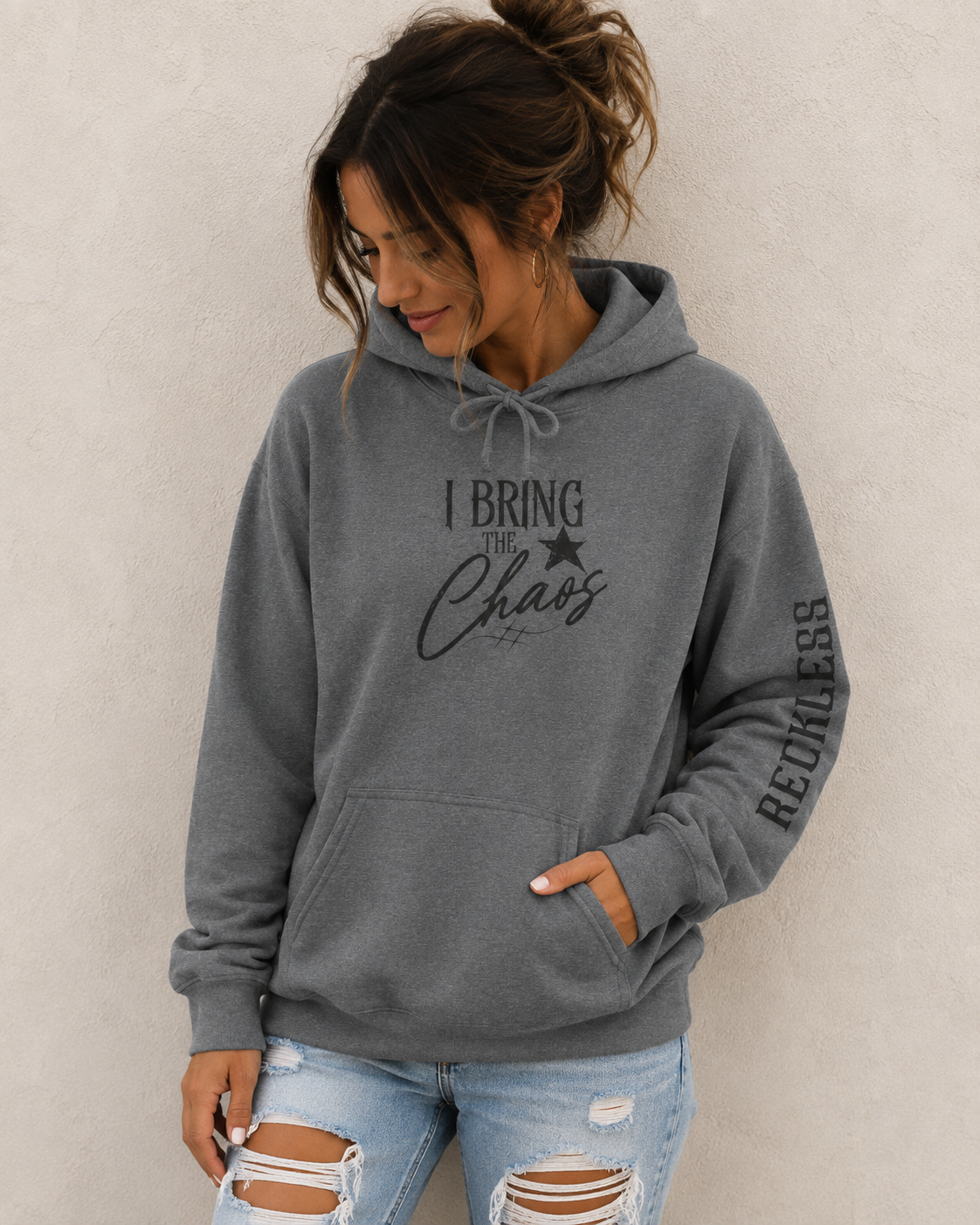 Chaos Hoodie - "I Bring The Chaos" Graphic Hooded Sweatshirt with Sleeve Text