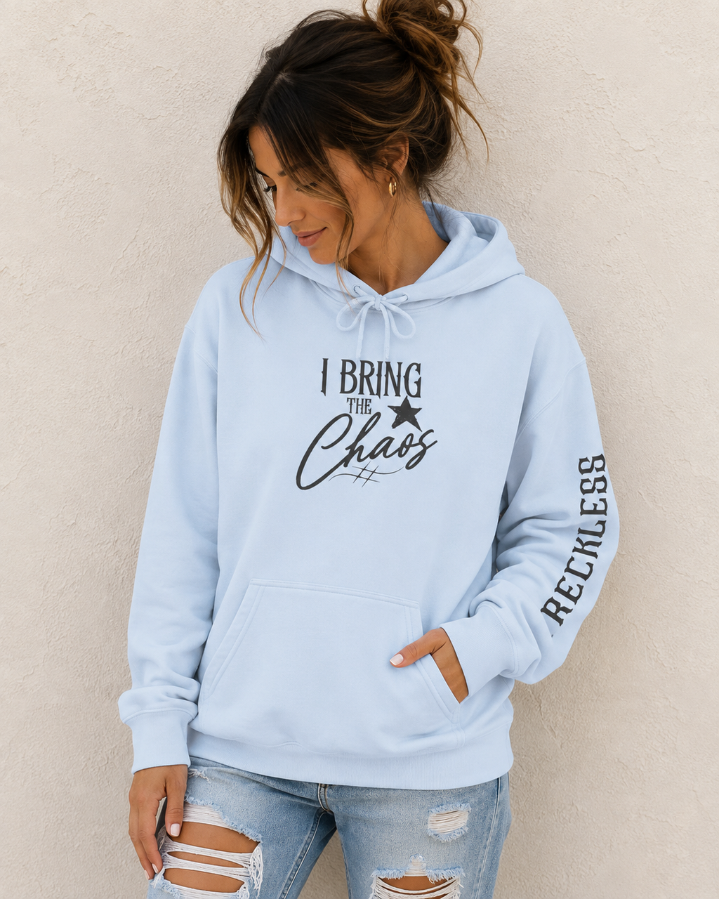 Chaos Hoodie - "I Bring The Chaos" Graphic Hooded Sweatshirt with Sleeve Text