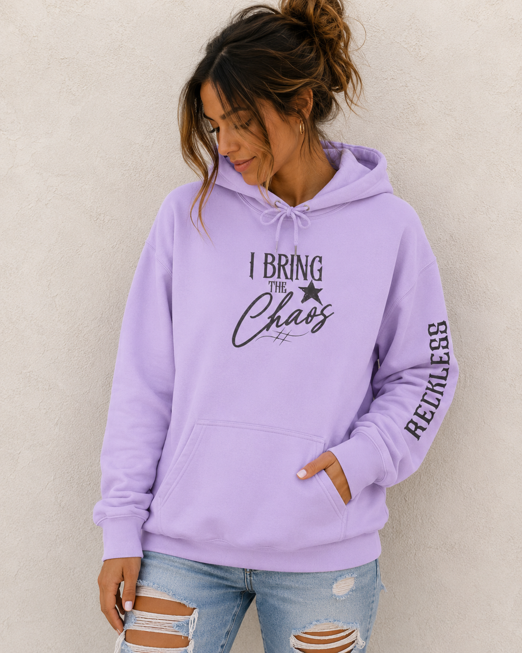 Chaos Hoodie - "I Bring The Chaos" Graphic Hooded Sweatshirt with Sleeve Text