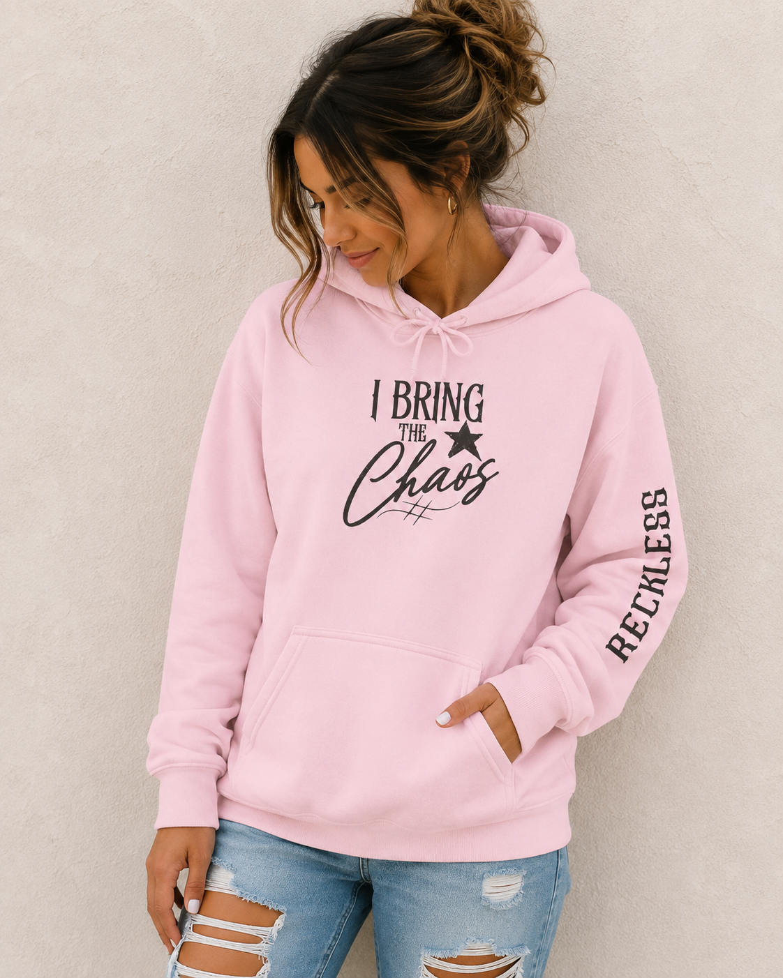 Chaos Hoodie - "I Bring The Chaos" Graphic Hooded Sweatshirt with Sleeve Text