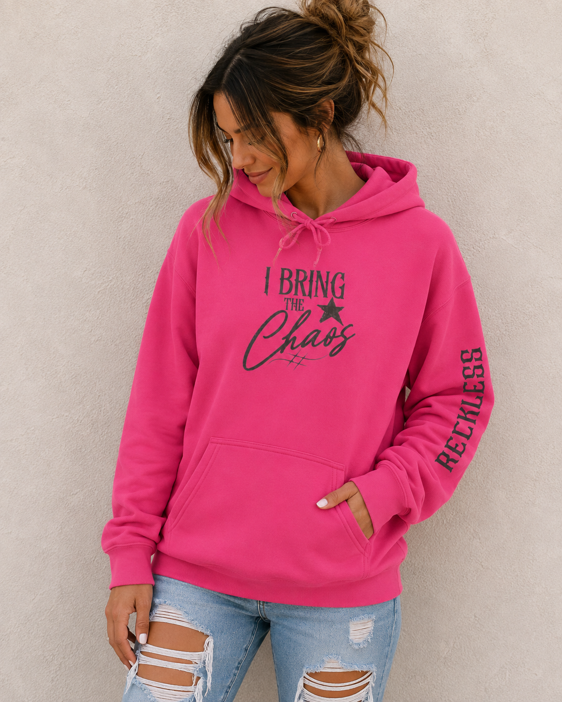 Chaos Hoodie - "I Bring The Chaos" Graphic Hooded Sweatshirt with Sleeve Text