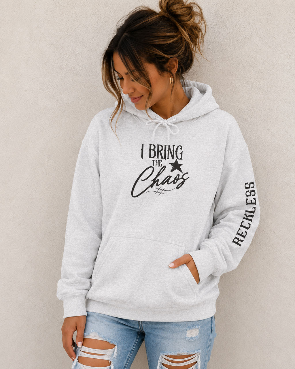 Chaos Hoodie - "I Bring The Chaos" Graphic Hooded Sweatshirt with Sleeve Text