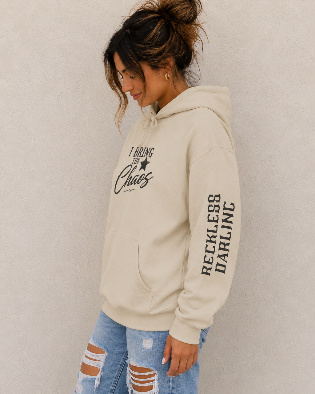 Chaos Hoodie - "I Bring The Chaos" Graphic Hooded Sweatshirt with Sleeve Text