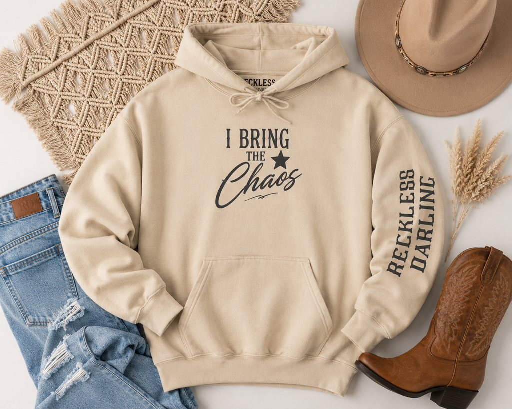 Chaos Hoodie - "I Bring The Chaos" Graphic Hooded Sweatshirt with Sleeve Text
