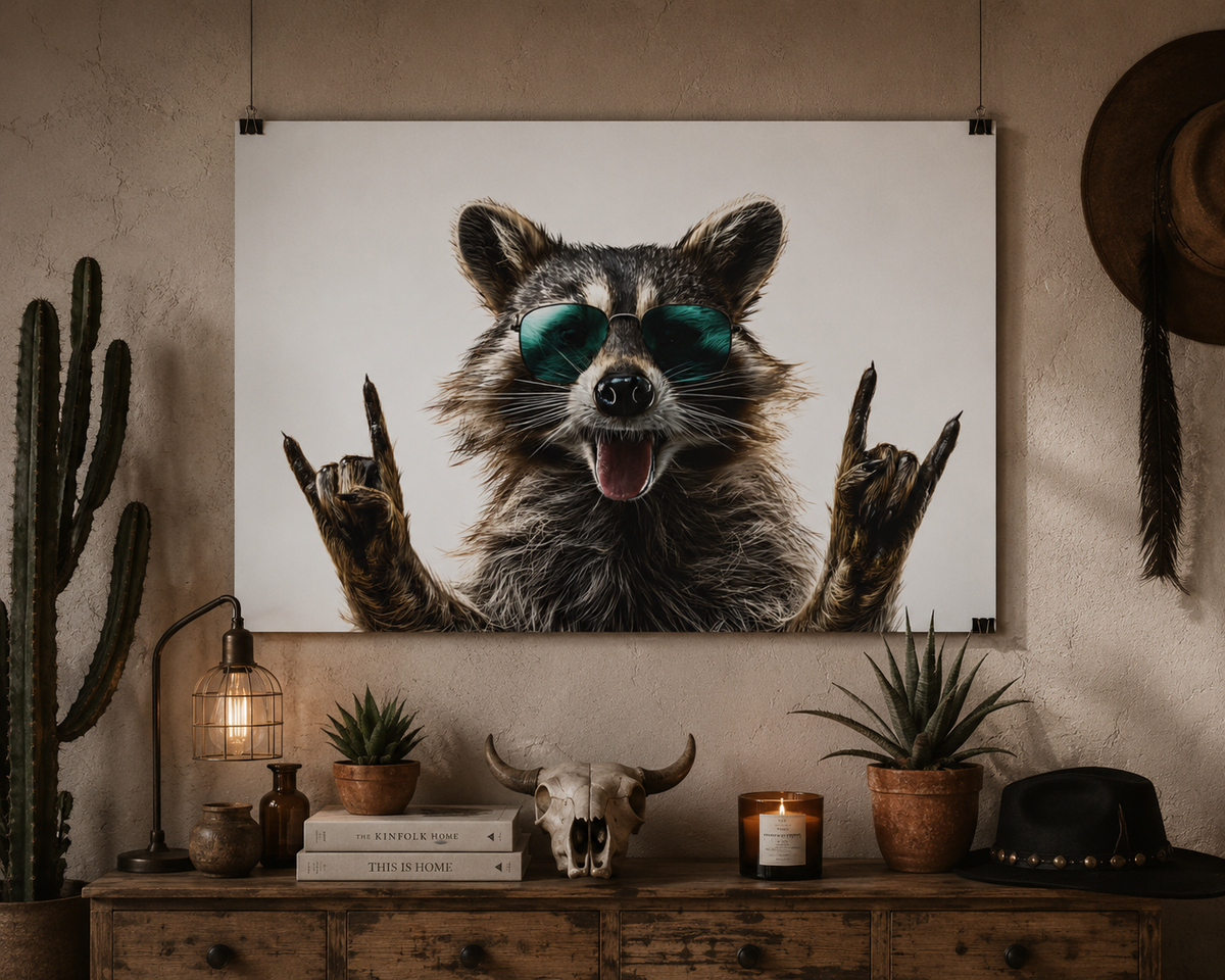 Rocker Raccoon Rolled Poster – Cool Sunglasses Animal Wall Art