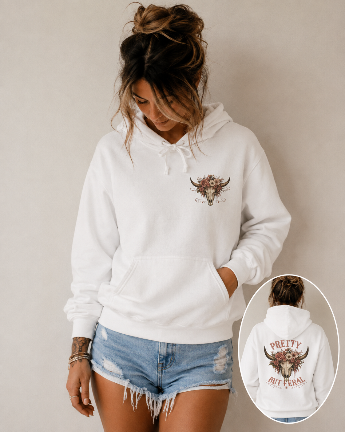 Pretty But Feral Bull Skull Hoodie — Floral Western Graphic Hoodie