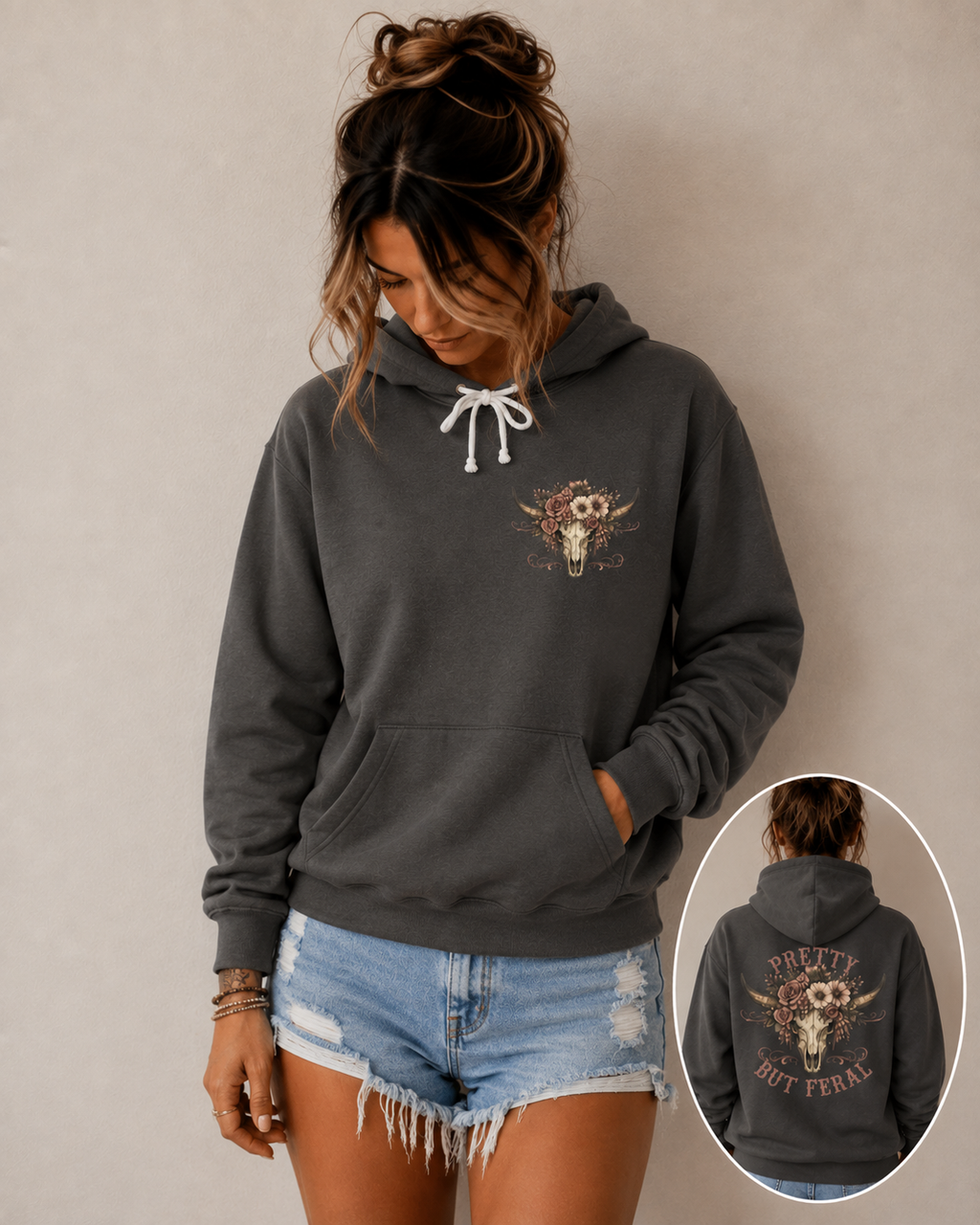 Pretty But Feral Bull Skull Hoodie — Floral Western Graphic Hoodie