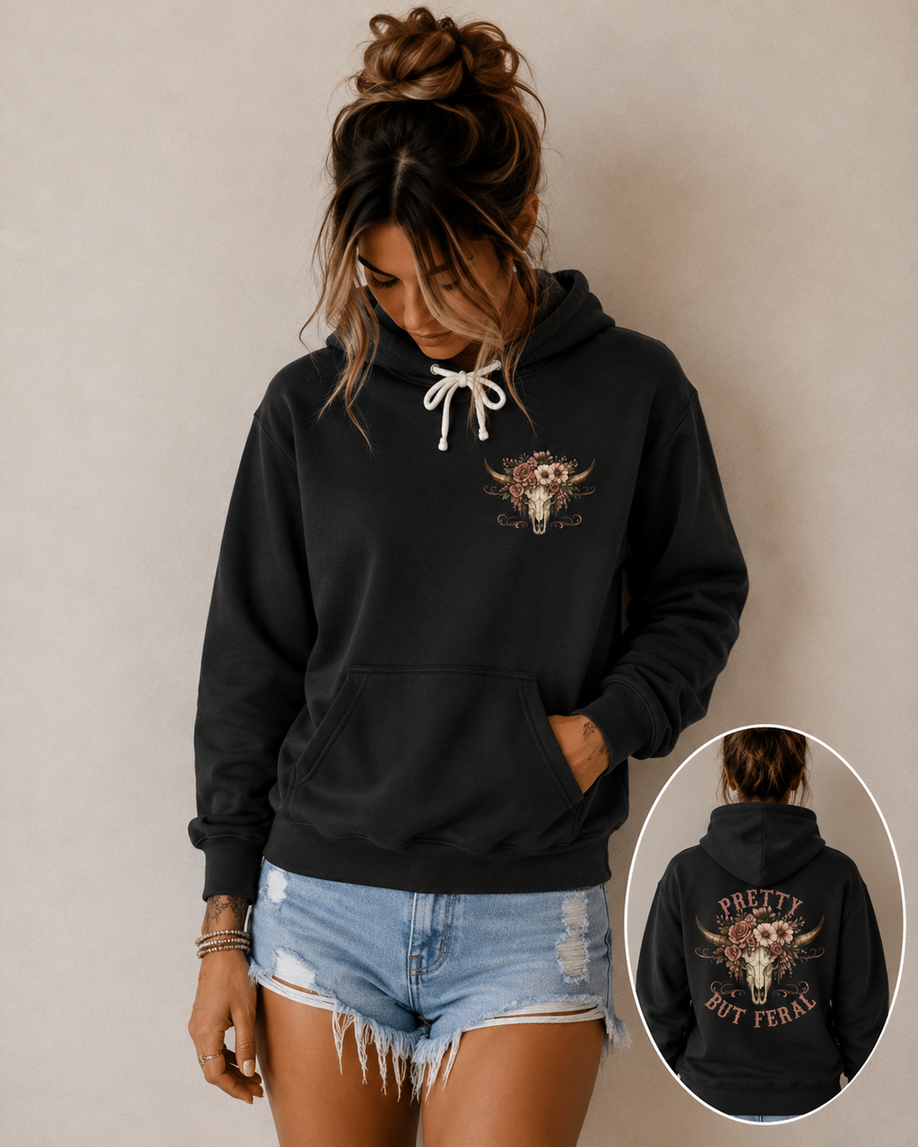 Pretty But Feral Bull Skull Hoodie — Floral Western Graphic Hoodie
