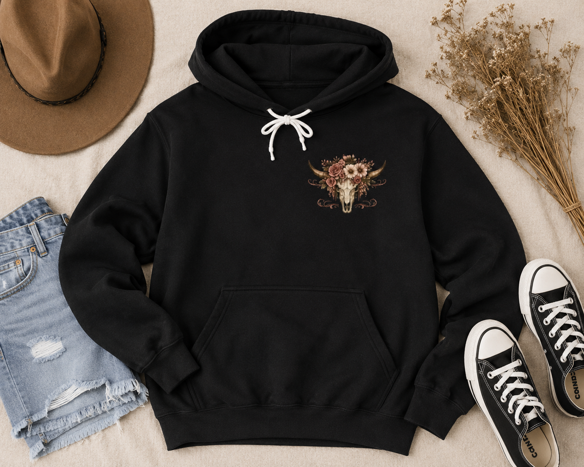 Pretty But Feral Bull Skull Hoodie — Floral Western Graphic Hoodie
