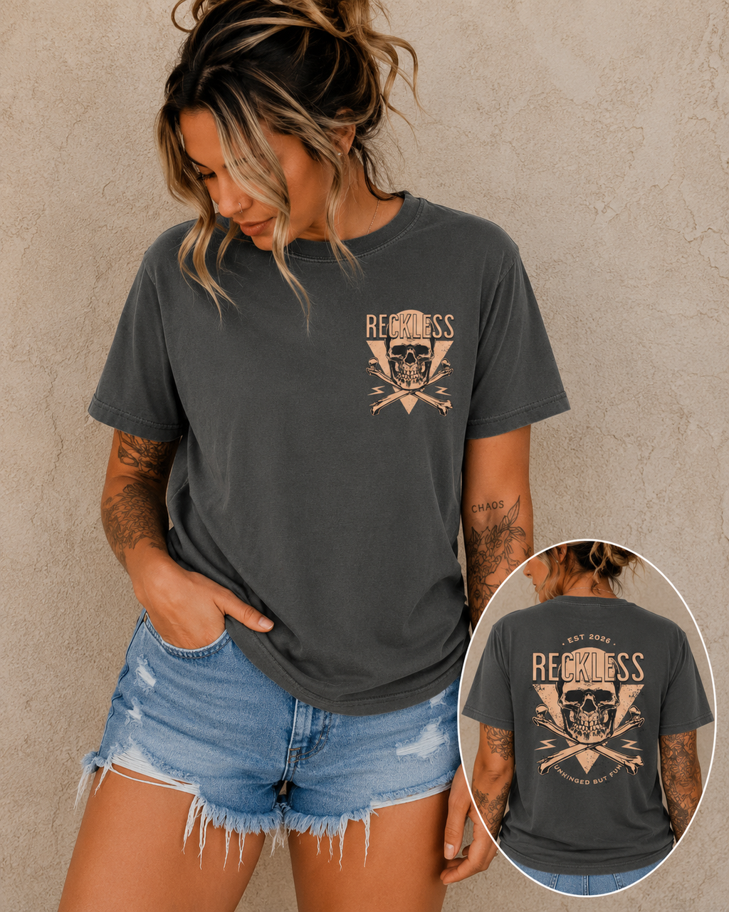 Reckless Skull Graphic T-Shirt — Vintage Skull & Crossed Lightning Tee