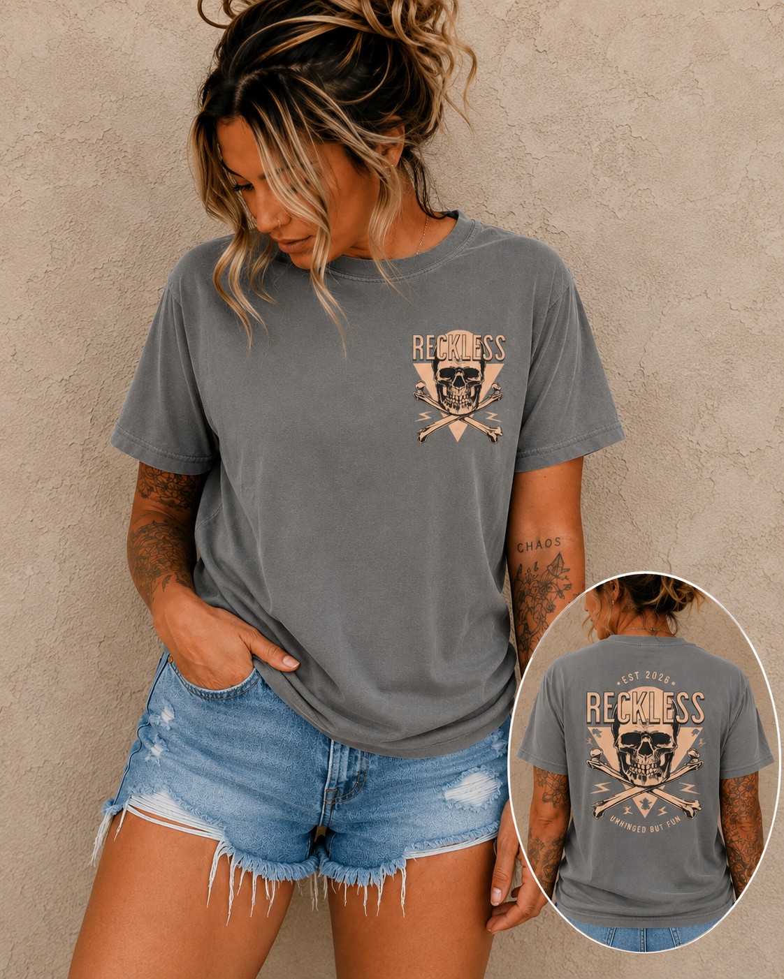 Reckless Skull Graphic T-Shirt — Vintage Skull & Crossed Lightning Tee