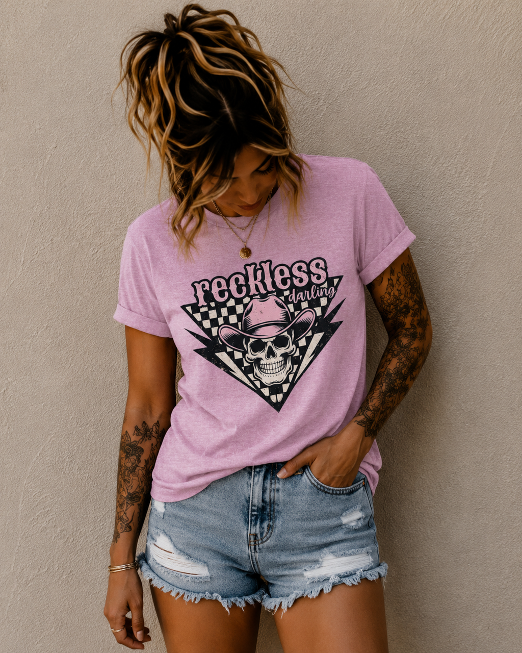 Reckless Darling Skull Tee — Retro Cowboy Skull Graphic T-Shirt