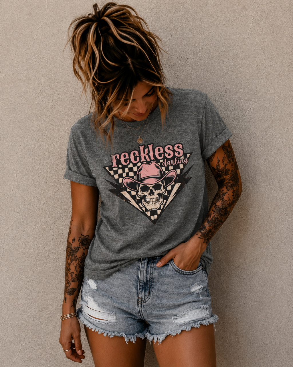Reckless Darling Skull Tee — Retro Cowboy Skull Graphic T-Shirt